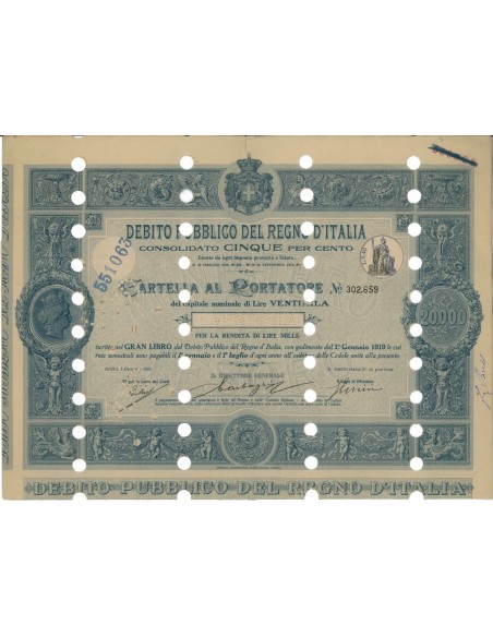 CARTELLA 20000 LIRE - D.PUBBLICO CONSOLIDATO 5% REGNO D'ITALIA 1918