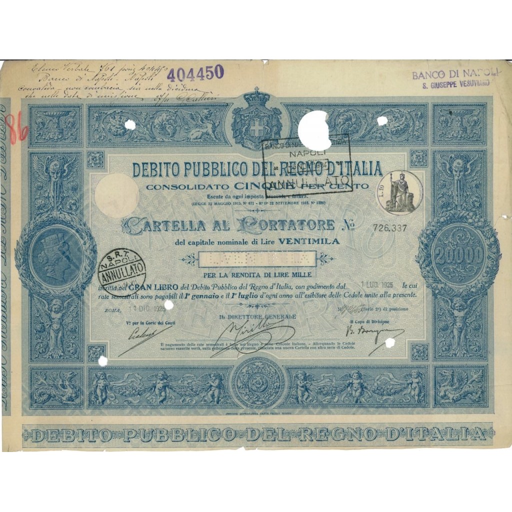 CARTELLA 20000 LIRE - D.PUBBLICO CONSOLIDATO 5% REGNO D'ITALIA 1925