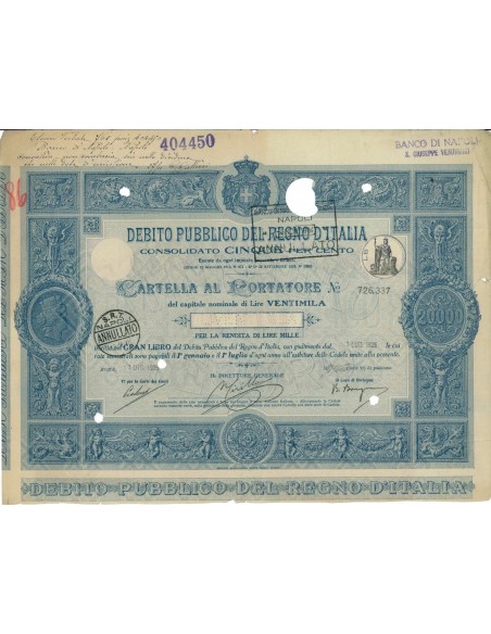 CARTELLA 20000 LIRE - D.PUBBLICO CONSOLIDATO 5% REGNO D'ITALIA 1925