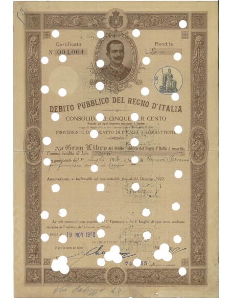 CERTIFICATO RENDITA 20 LIRE - D.PUBBLICO CONSOLIDATO 5% REGNO D'ITALIA 1920