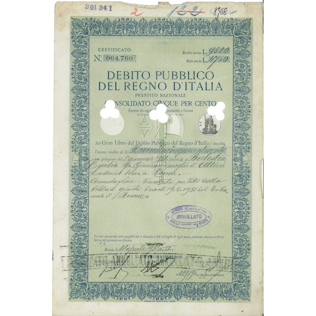 CERTIFICATO RENDITA - D.PUBBLICO CONSOLIDATO 5% REGNO D'ITALIA 1931