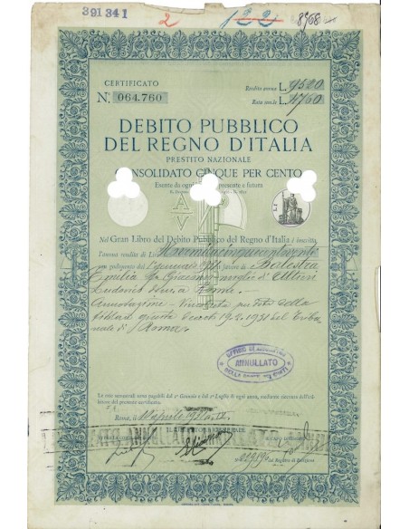 CERTIFICATO RENDITA - D.PUBBLICO CONSOLIDATO 5% REGNO D'ITALIA 1931