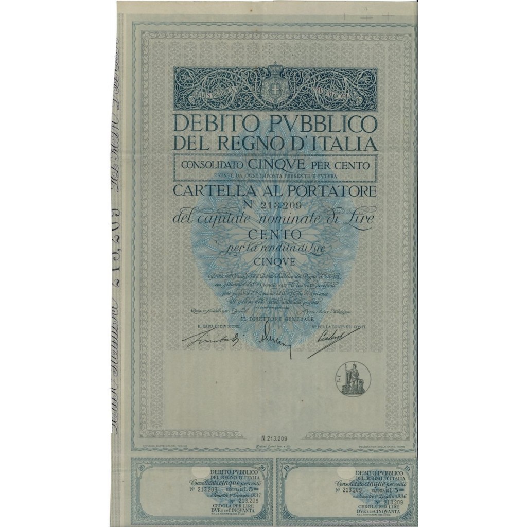 CARTELLA 100 LIRE - D.PUBBLICO CONSOLIDATO 5% REGNO D'ITALIA 1926