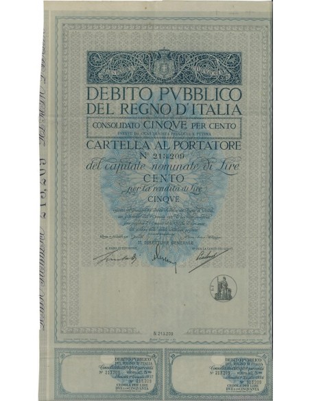 CARTELLA 100 LIRE - D.PUBBLICO CONSOLIDATO 5% REGNO D'ITALIA 1926