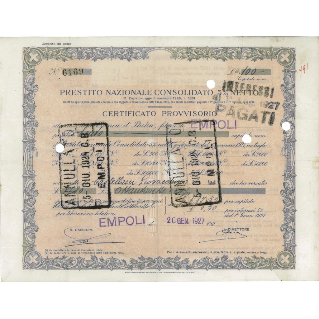 CERT. PROVVISORIO 100 LIRE - PREST. NAZ. CONSOLIDATO - 1927