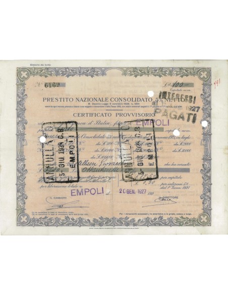 CERT. PROVVISORIO 100 LIRE - PREST. NAZ. CONSOLIDATO - 1927