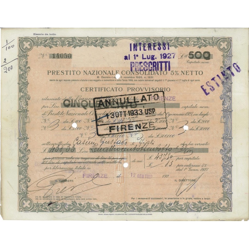CERT. PROVVISORIO 500 LIRE - PREST. NAZ. CONSOLIDATO 5% 1927