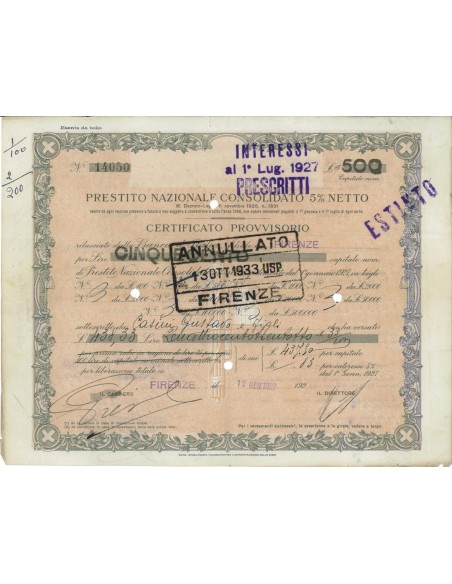 CERT. PROVVISORIO 500 LIRE - PREST. NAZ. CONSOLIDATO 5% 1927