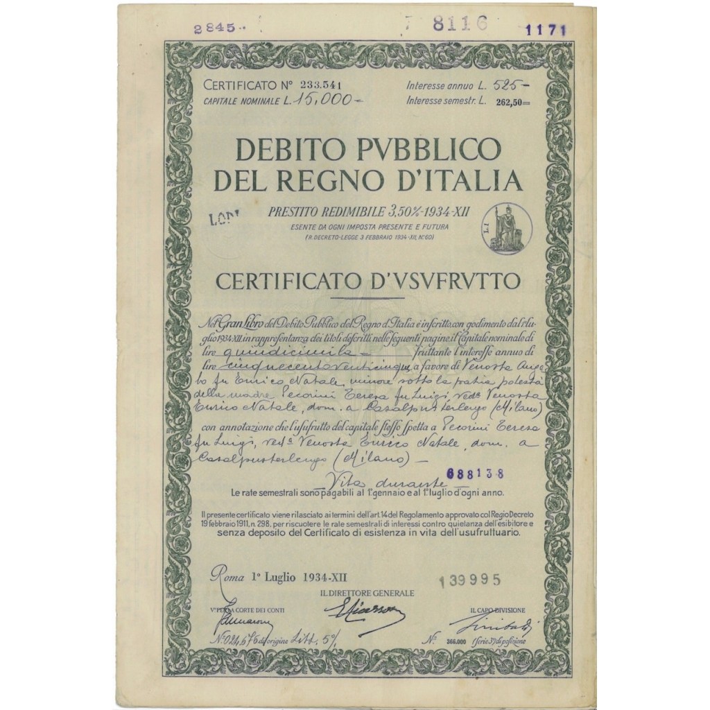 CERT. USUFRUTTO REDIMIBILE 3,50% - REGNO D'ITALIA ROMA 1934