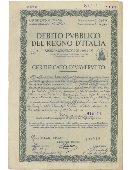 CERT. USUFRUTTO REDIMIBILE 3,50% - REGNO D'ITALIA ROMA 1934