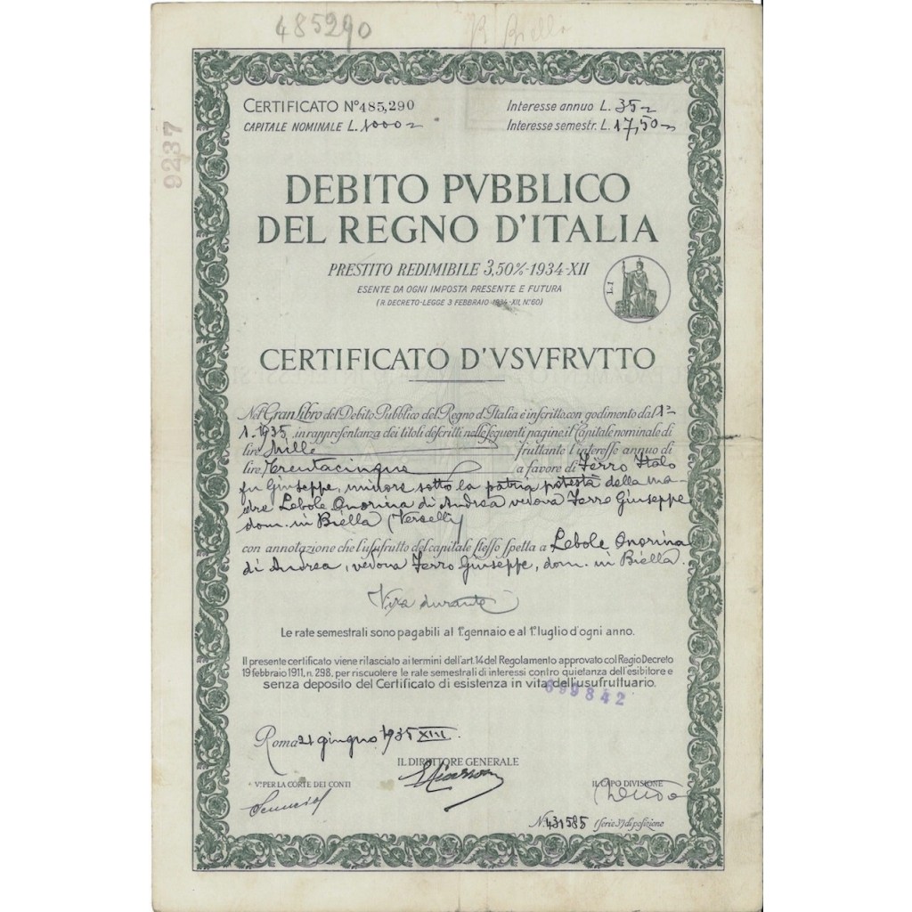 CERT. USUFRUTTO REDIMIBILE 3,50% - REGNO D'ITALIA ROMA 1935