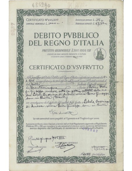 CERT. USUFRUTTO REDIMIBILE 3,50% - REGNO D'ITALIA ROMA 1935