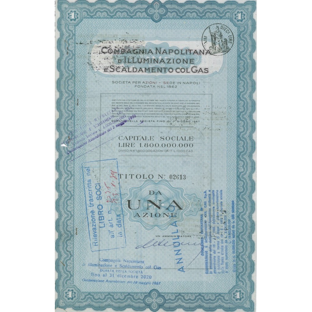 COMPAGNIA NAPOLITANA D' ILLUMINAZIONE E SCALDAMENTO COL GAS - Titolo al portatore per una azione