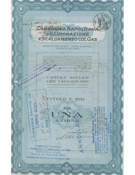 COMPAGNIA NAPOLITANA D' ILLUMINAZIONE E SCALDAMENTO COL GAS - Titolo al portatore per una azione