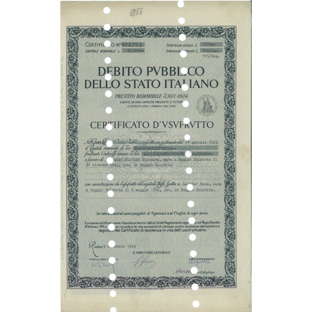 CERT. USUFRUTTO REDIMIBILE 3,50% - REGNO D'ITALIA ROMA 1963