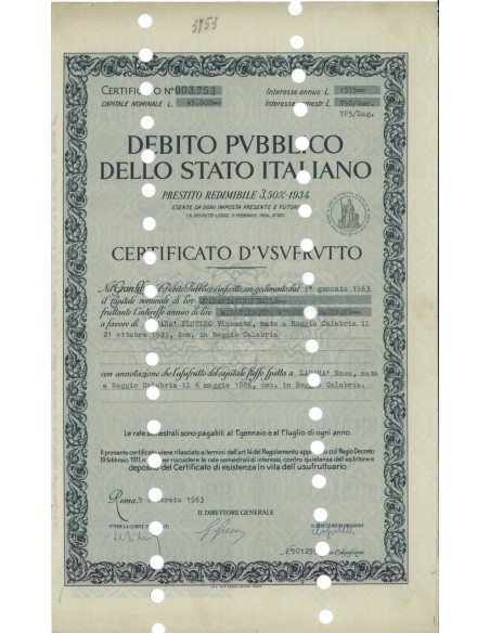 CERT. USUFRUTTO REDIMIBILE 3,50% - REGNO D'ITALIA ROMA 1963