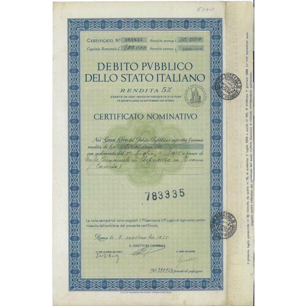 CERT. NOMINATIVO 5% - DEB. P. DELLO STATO ITALIANO 1955