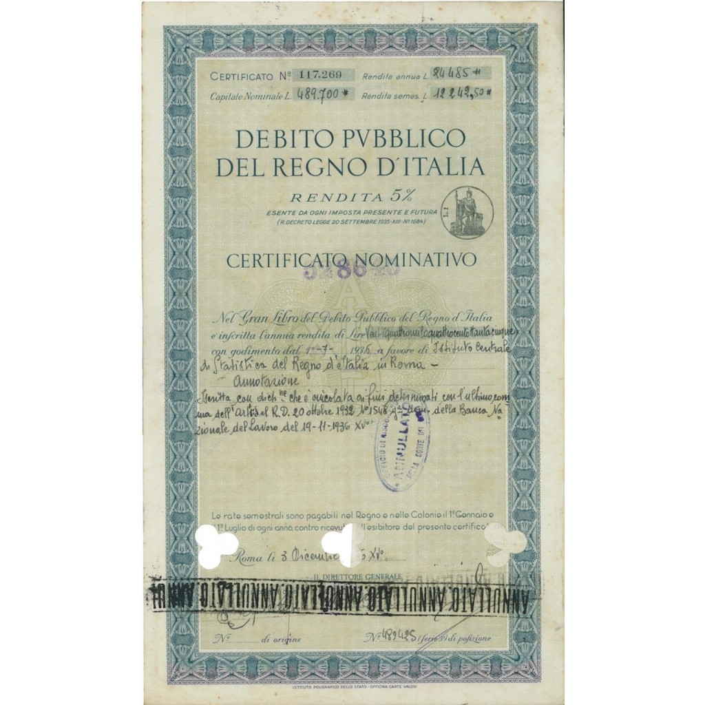 CERT. NOMINATIVO 5% - DEB. REGNO D'ITALIA 1935