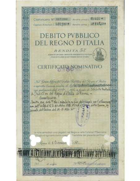 CERT. NOMINATIVO 5% - DEB. REGNO D'ITALIA 1935