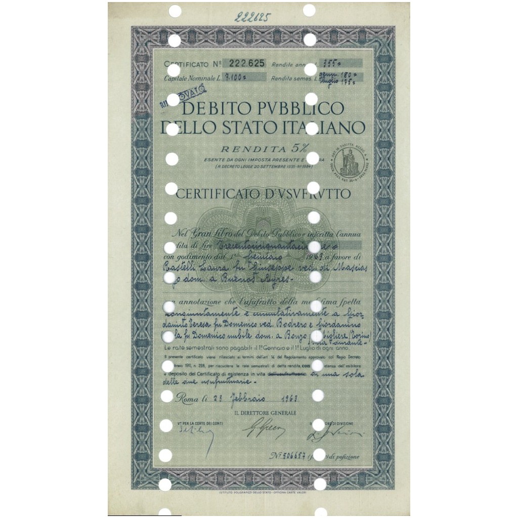 CERT. D'USUFRUTTO 5% - DEB. STATO ITALIANO 1973