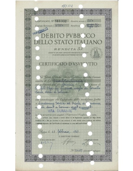 CERT. D'USUFRUTTO 5% - DEB. P. STATO ITALIANO 1963