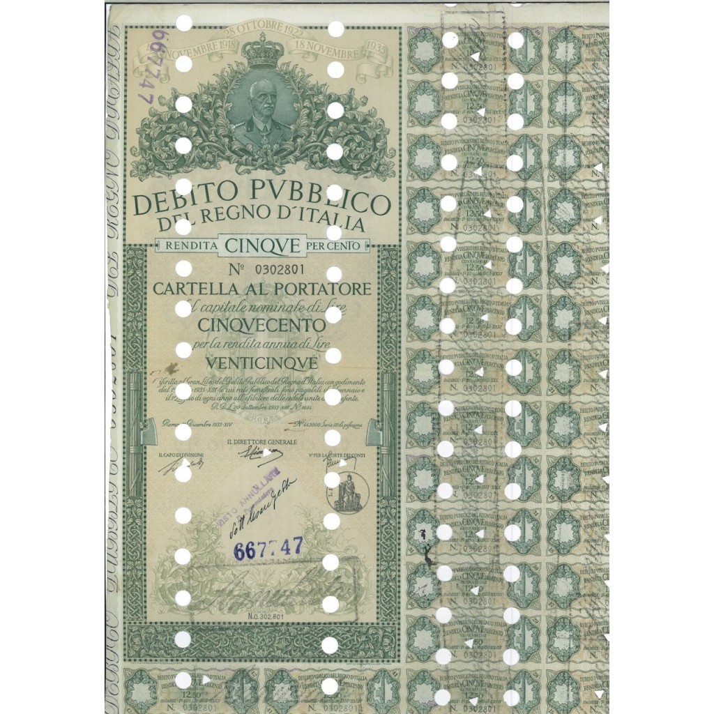 CARTELLA 500 LIRE ANNULLATA - DEB. REGNO D'ITALIA 1935