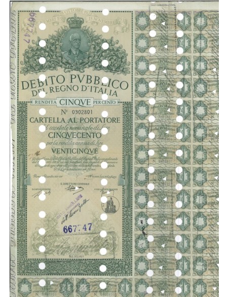 CARTELLA 500 LIRE ANNULLATA - DEB. REGNO D'ITALIA 1935