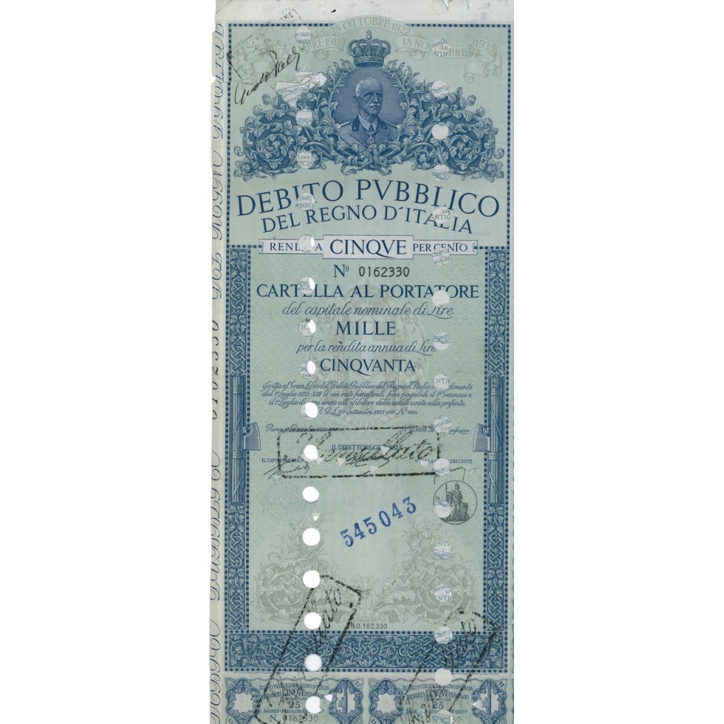 CARTELLA 1000 LIRE ANNULLATA - DEB. REGNO D'ITALIA 1935