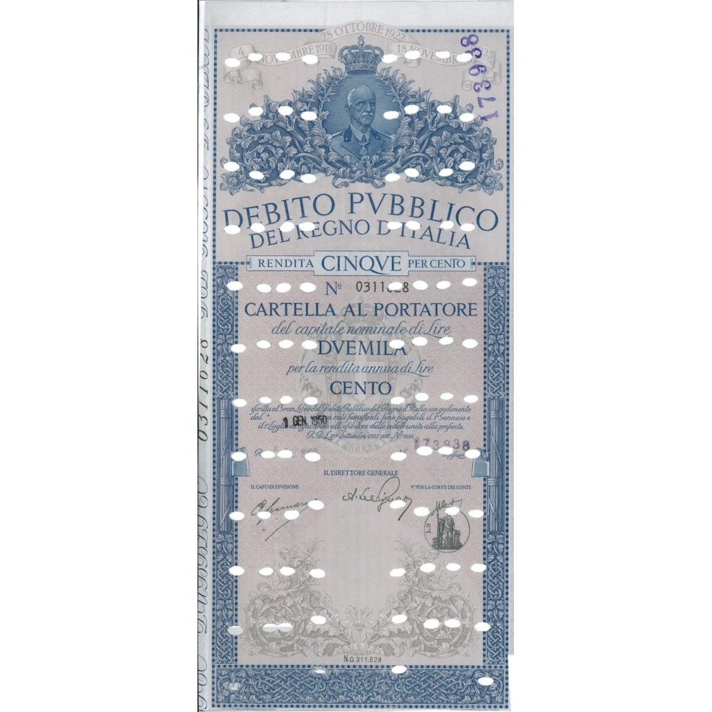 CARTELLA 2000 LIRE ANNULLATA - DEB. REGNO D'ITALIA 1935