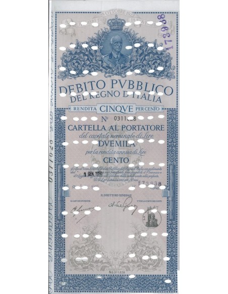 CARTELLA 2000 LIRE ANNULLATA - DEB. REGNO D'ITALIA 1935