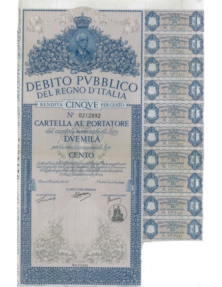 CARTELLA 2000 LIRE NON ANNULLATA - DEB. REGNO D'ITALIA 1935