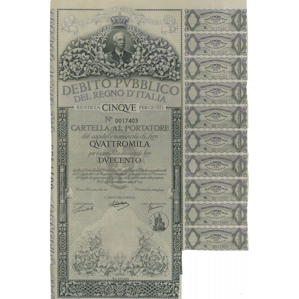 CARTELLA 4000 LIRE NON ANNULLATA - DEB. REGNO D'ITALIA 1935