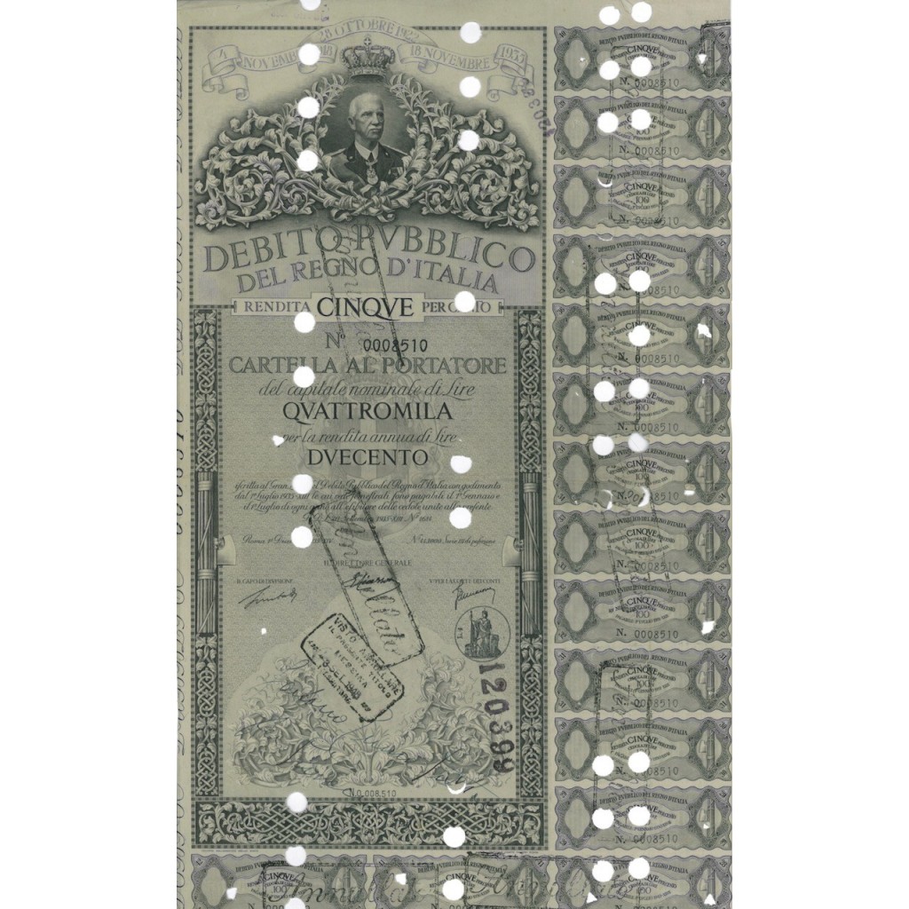 CARTELLA 4000 LIRE ANNULLATA - DEB. REGNO D'ITALIA 1935