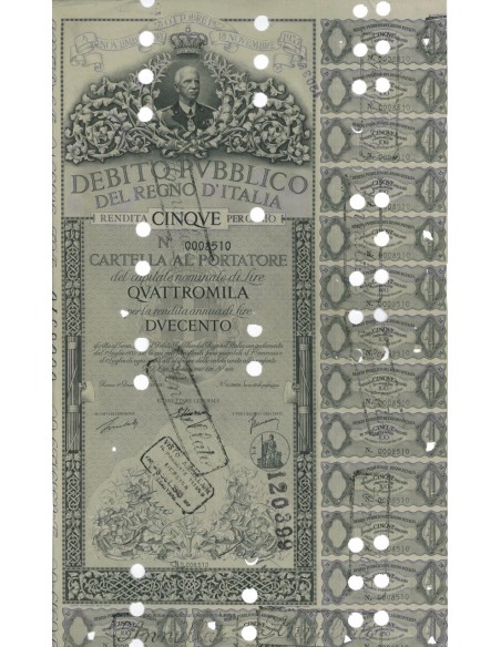 CARTELLA 4000 LIRE ANNULLATA - DEB. REGNO D'ITALIA 1935