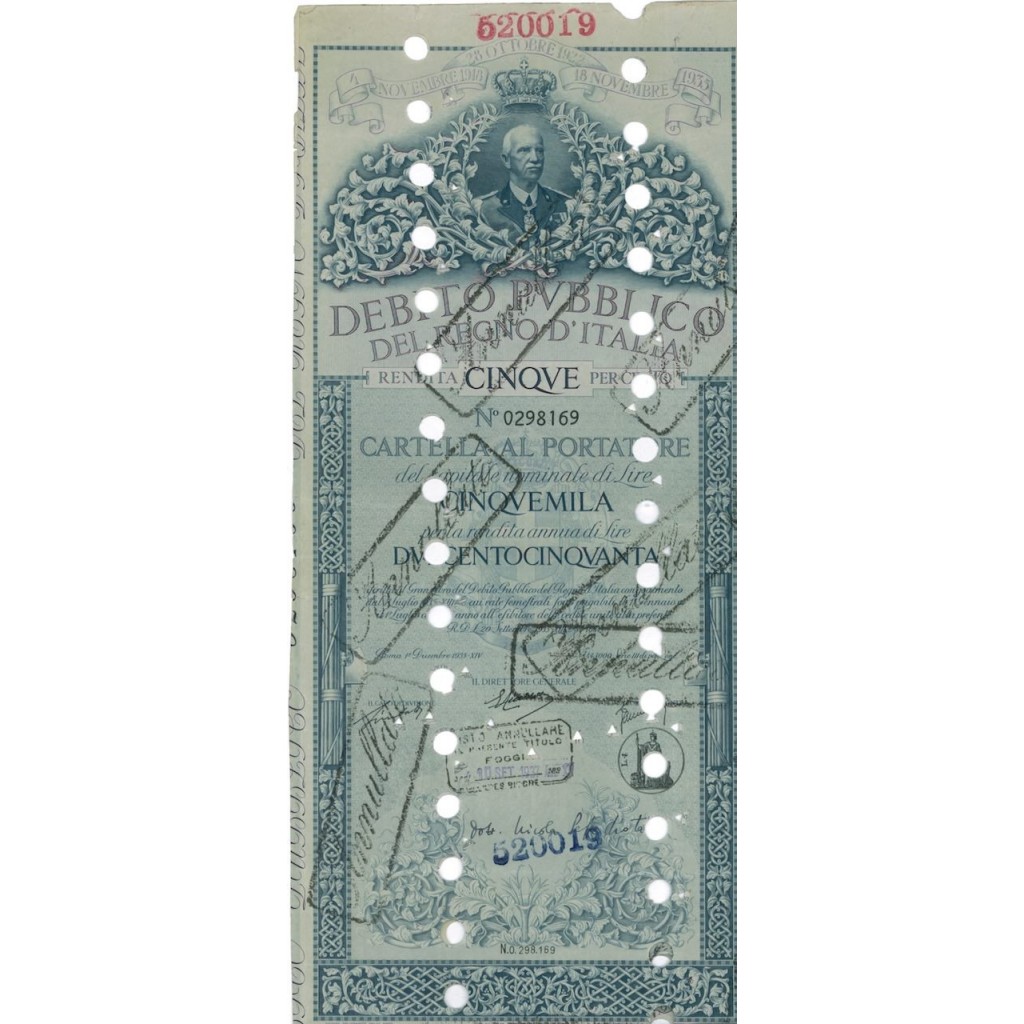 CARTELLA 5000 LIRE ANNULLATA - DEB. REGNO D'ITALIA 1935