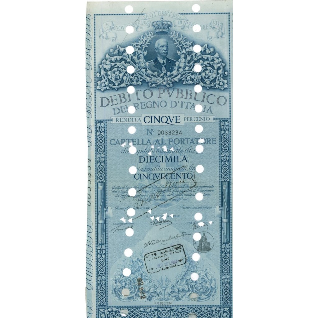 CARTELLA 10000 LIRE ANNULLATA - DEB. REGNO D'ITALIA 1935