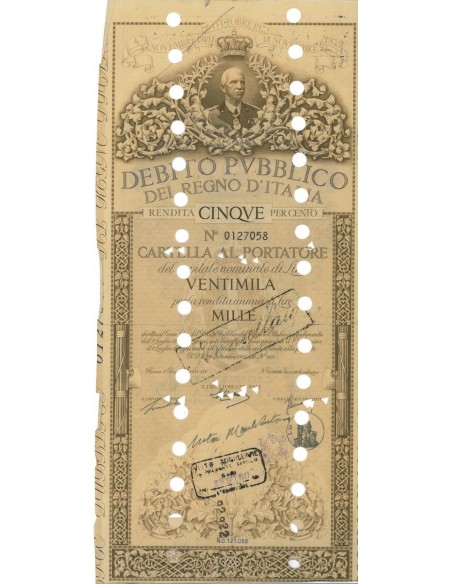 CARTELLA 20000 LIRE ANNULLATA - DEB. REGNO D'ITALIA 1935