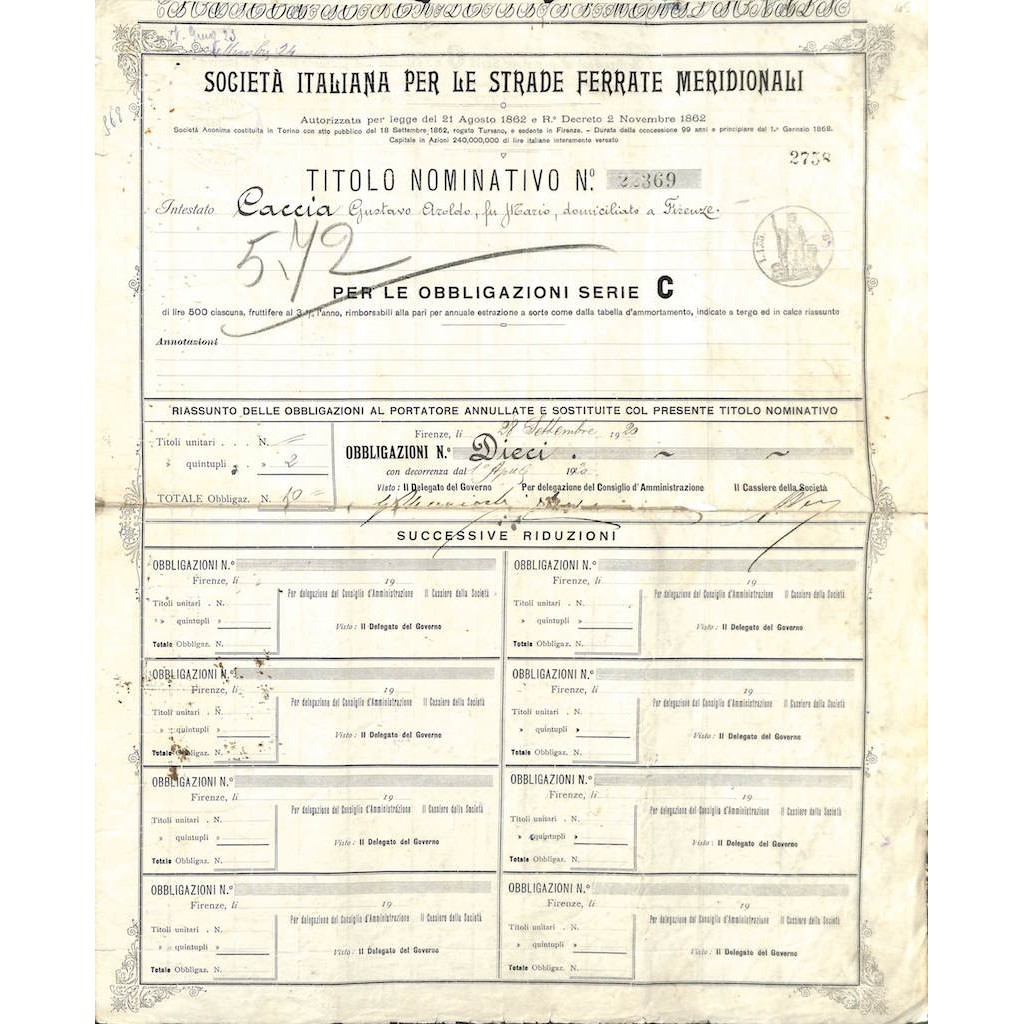 SOC. ITALIANA PER LE STRADE FERRATE MERIDIONALI OBBLIGAZ. 3% 1920