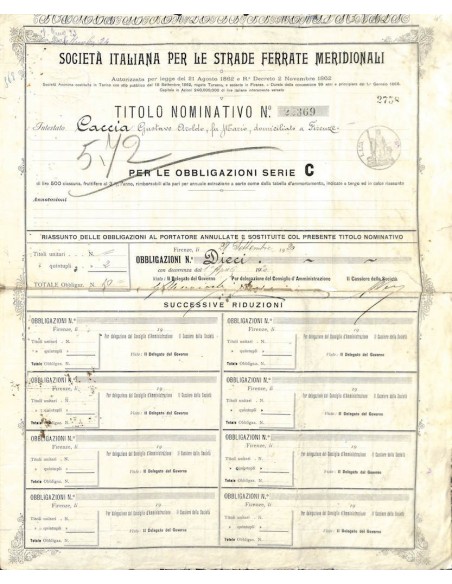 SOC. ITALIANA PER LE STRADE FERRATE MERIDIONALI OBBLIGAZ. 3% 1920