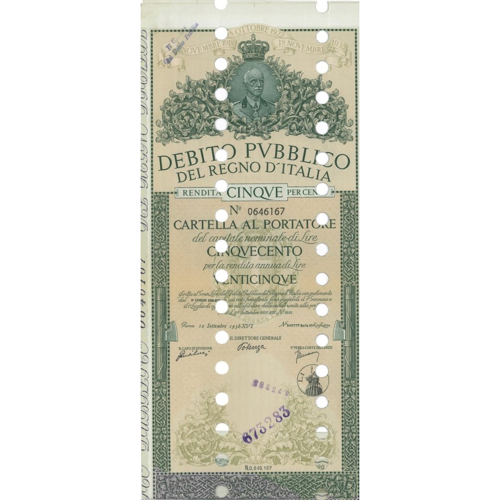 CARTELLA 500 LIRE ANNULLATA - DEB. REGNO D'ITALIA 1938