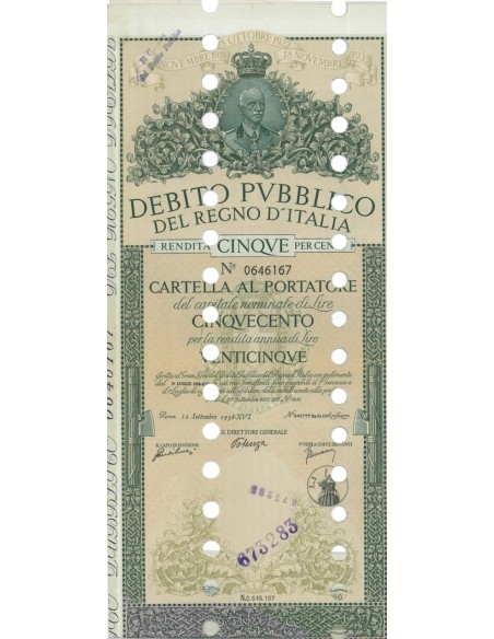 CARTELLA 500 LIRE ANNULLATA - DEB. REGNO D'ITALIA 1938