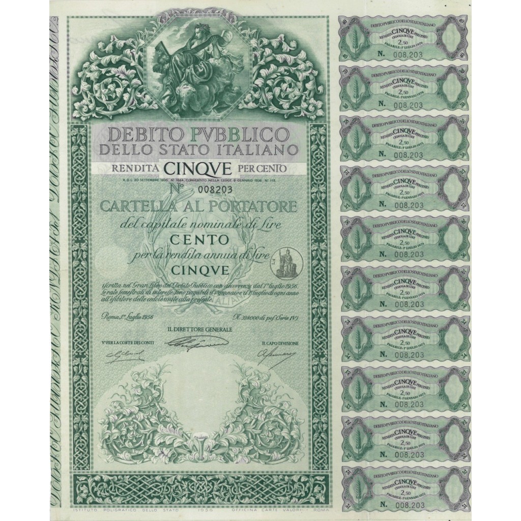 CARTELLA 100 LIRE NON ANNULLATA - DEB. STATO ITALIANO 1956