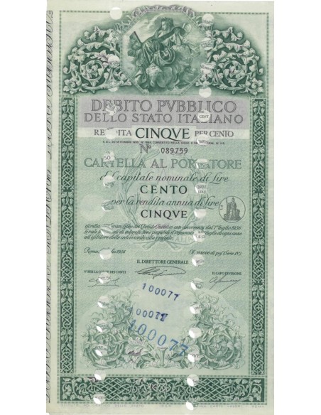 CARTELLA 100 LIRE ANNULLATA - DEB. STATO ITALIANO 1956