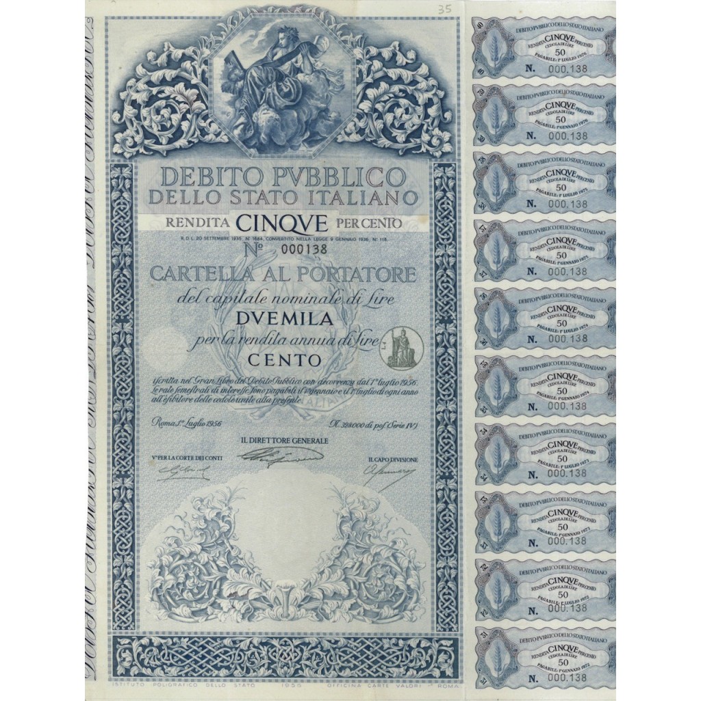 CARTELLA 2000 LIRE NON ANNULLATA - DEB. STATO ITALIANO 1956