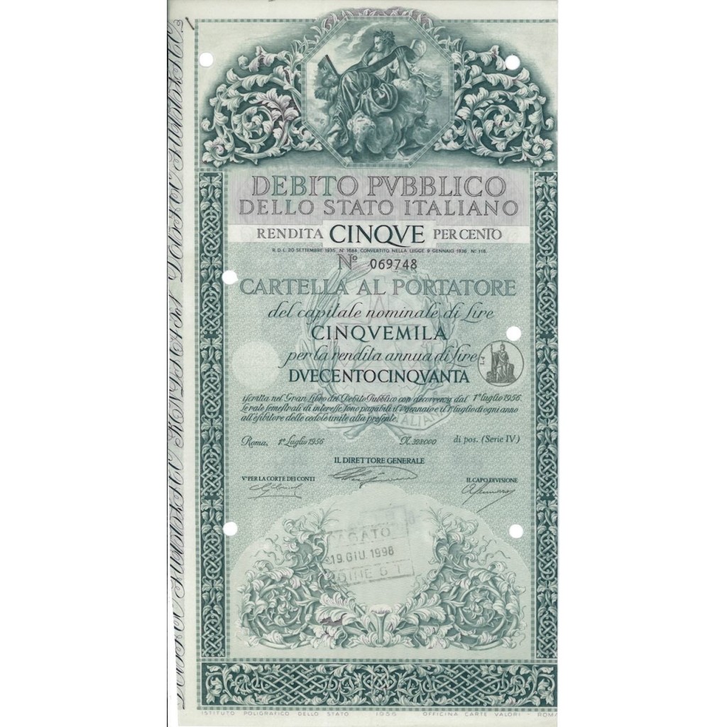 CARTELLA 5000 LIRE ANNULLATA - DEB. STATO ITALIANO 1956