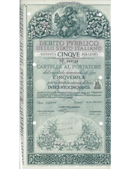 CARTELLA 5000 LIRE ANNULLATA - DEB. STATO ITALIANO 1956