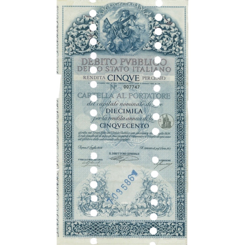 CARTELLA 10000 LIRE ANNULLATA - DEB. STATO ITALIANO 1956