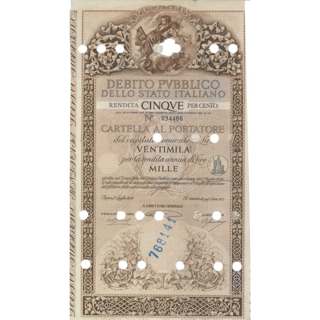 CARTELLA 20000 LIRE ANNULLATA - DEB. STATO ITALIANO 1956