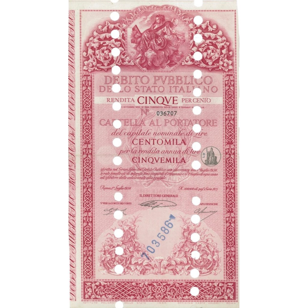 CARTELLA 100000 LIRE ANNULLATA - DEB. STATO ITALIANO 1956