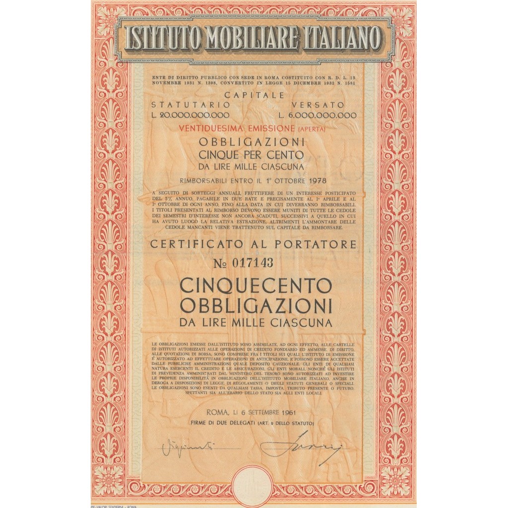 ISTITUTO MOBILIARE ITALIANO 500 OBBLIG. 5% ROMA 1961